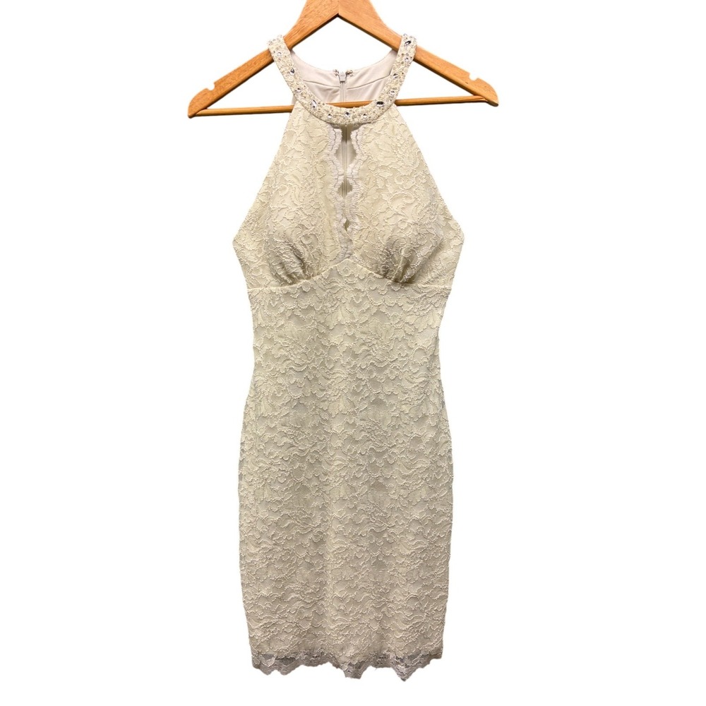 db Studio Dress‎ Women’s Ivory Lace Halter Sheath Beaded Neck Sleeveless 8